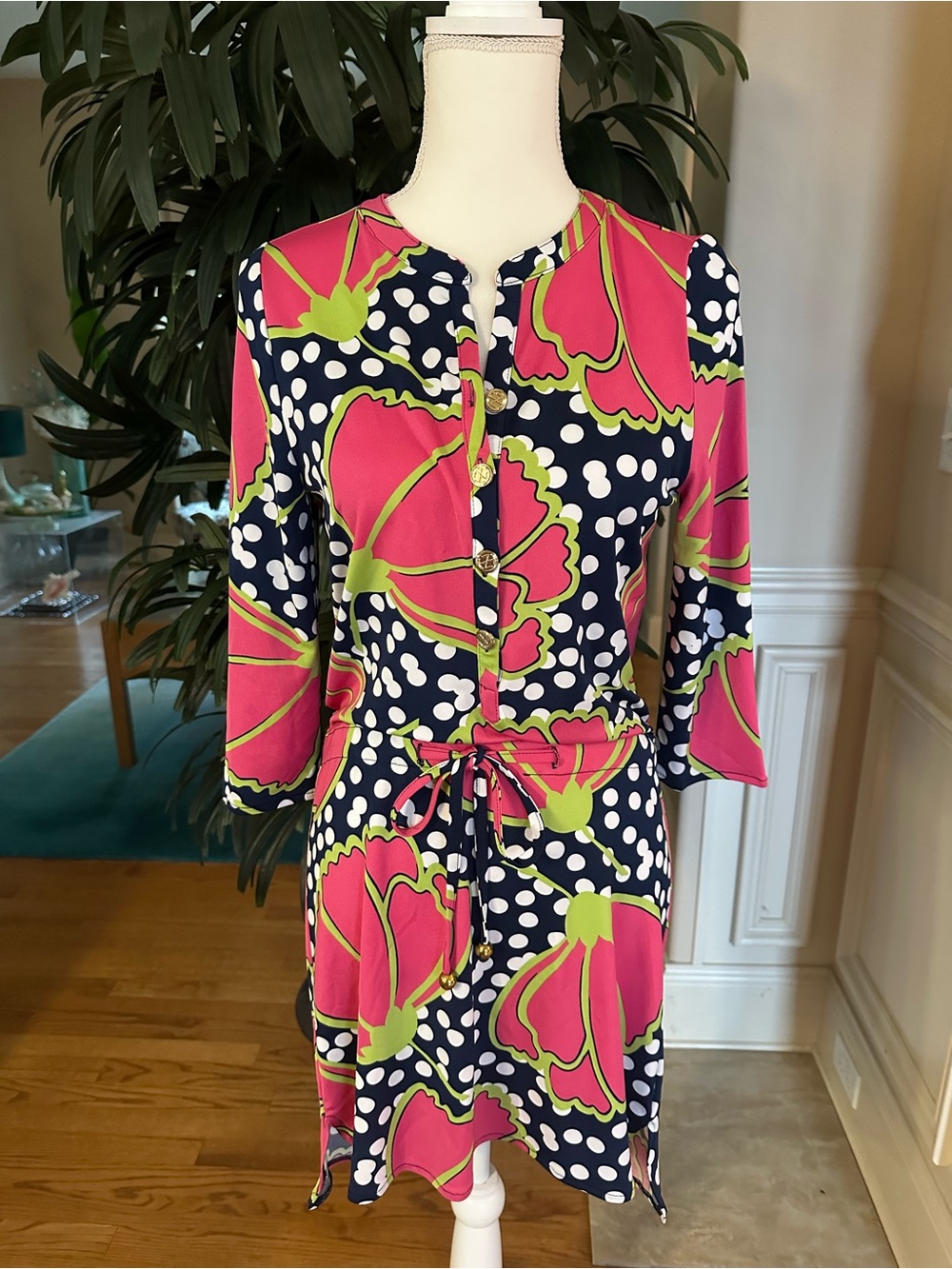 🩷Tracy Negoshian Floral Polka Dot Drawstring Shirt Dress in Pink & Navy XS🩷